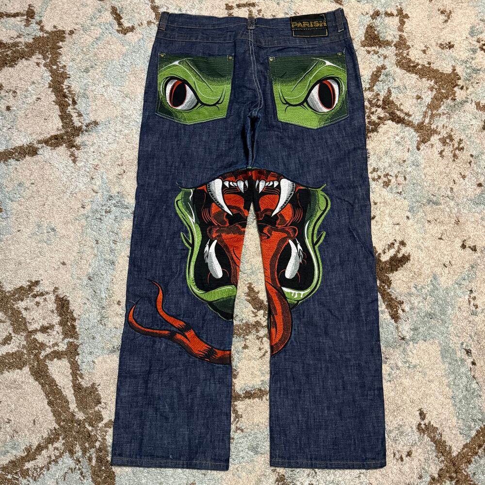 Vintage Parish Snake Embroidered Baggy Jeans Size 38x33 Y2K